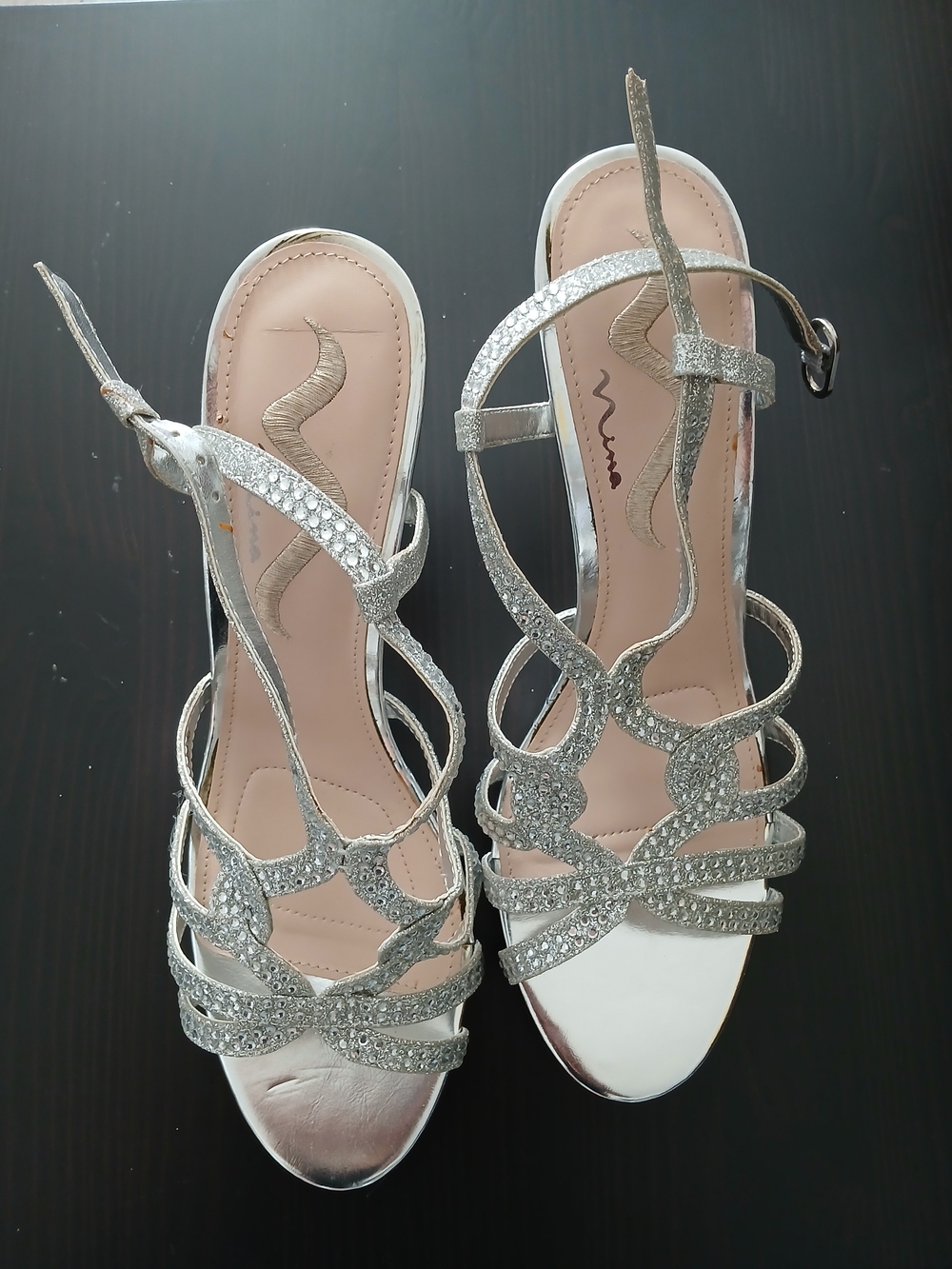 Nina Silver Strappy Rhinestone Wedge Dress Sandals